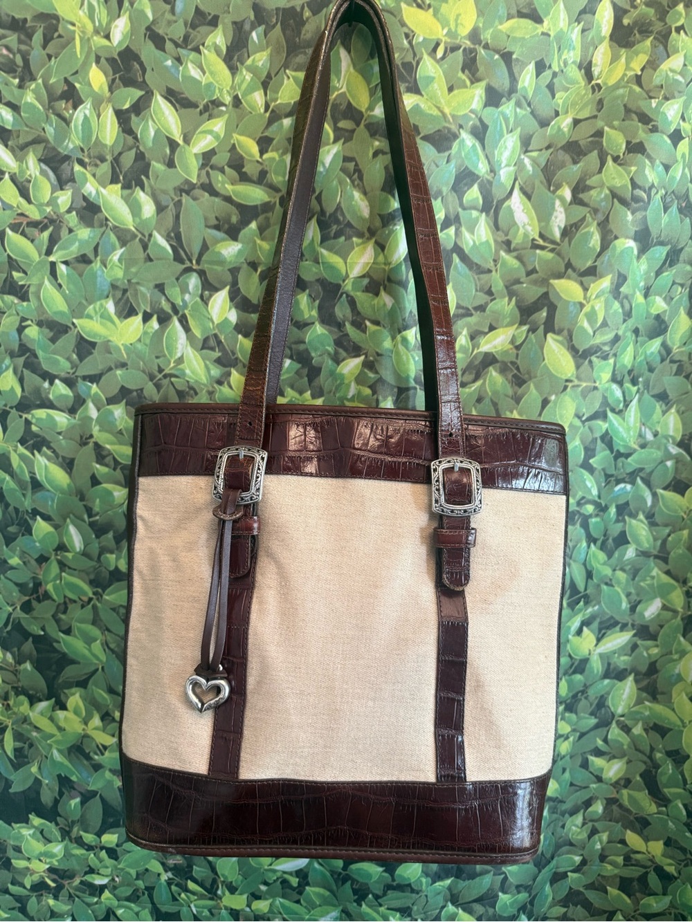 Vintage Brighton Beige Canvas Tote Brown Croc Leather Trim Heart Charm
